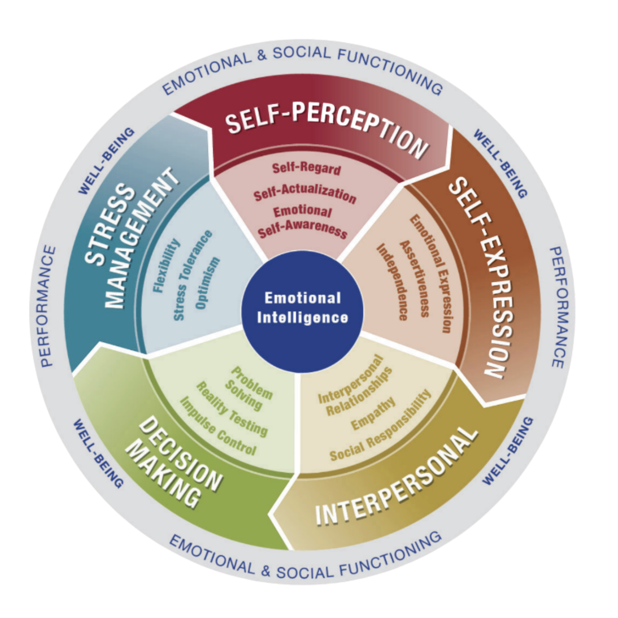 EQ-i 2.0 emotional intelligence wheel showing Self-Perception, Self-Expression, Interpersonal, Decision Making and Stress Management